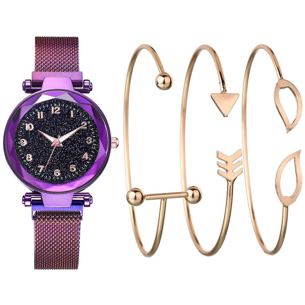 4PCS/Set Women's Fashion Creative Luminous Net With Quartz Watch + Bracelet Set Boutique Packaging