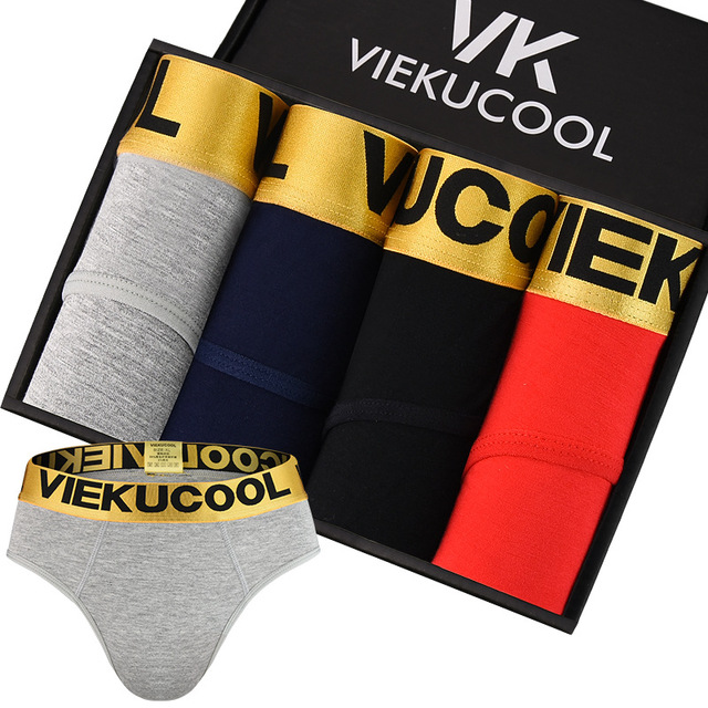 4PCS Gift Box Men's Golden Briefs Quality Cotton Solid Color Cotton Sexy Pants Men's Underwear Gift