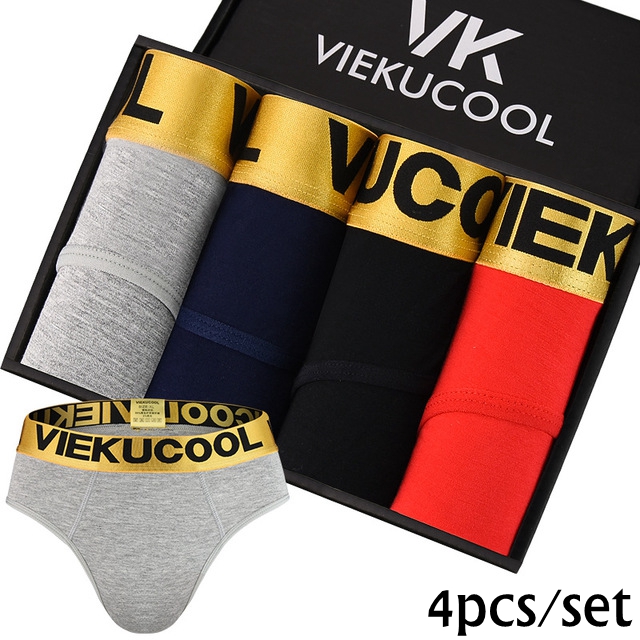 4PCS Gift Box Men's Golden Briefs Quality Cotton Solid Color Cotton Sexy Pants Men's Underwear Gift