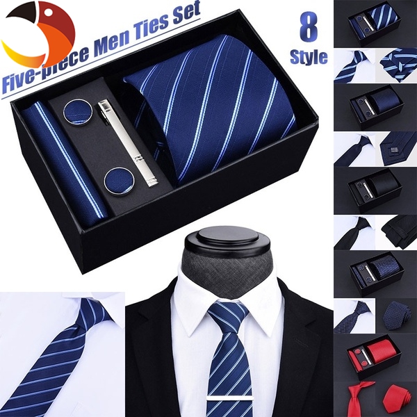 5Pcs/Set 8 Styles Vogue Men Tie Set Suit Decoration Necktie Cufflinks Tie Clip With Gift Box