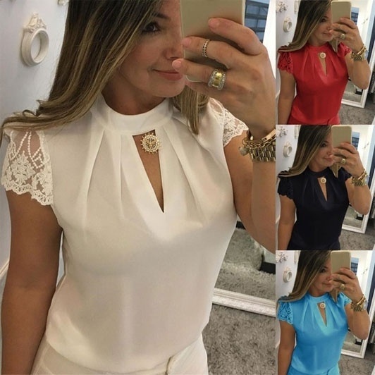 Women Fashion Sexy Lace Patchwork Short Sleeve T-shirts Casual Cotton Women Tops Plus Size Blouse