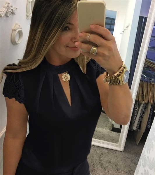 Women Fashion Sexy Lace Patchwork Short Sleeve T-shirts Casual Cotton Women Tops Plus Size Blouse