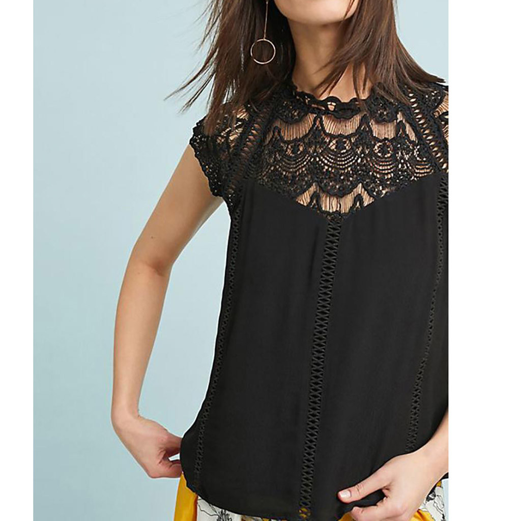 Women Tops Lace Sleeve Hollow Collar Shirts Sleeveless Blouse Tank Tops T-Shirt Slim Fit Shirts