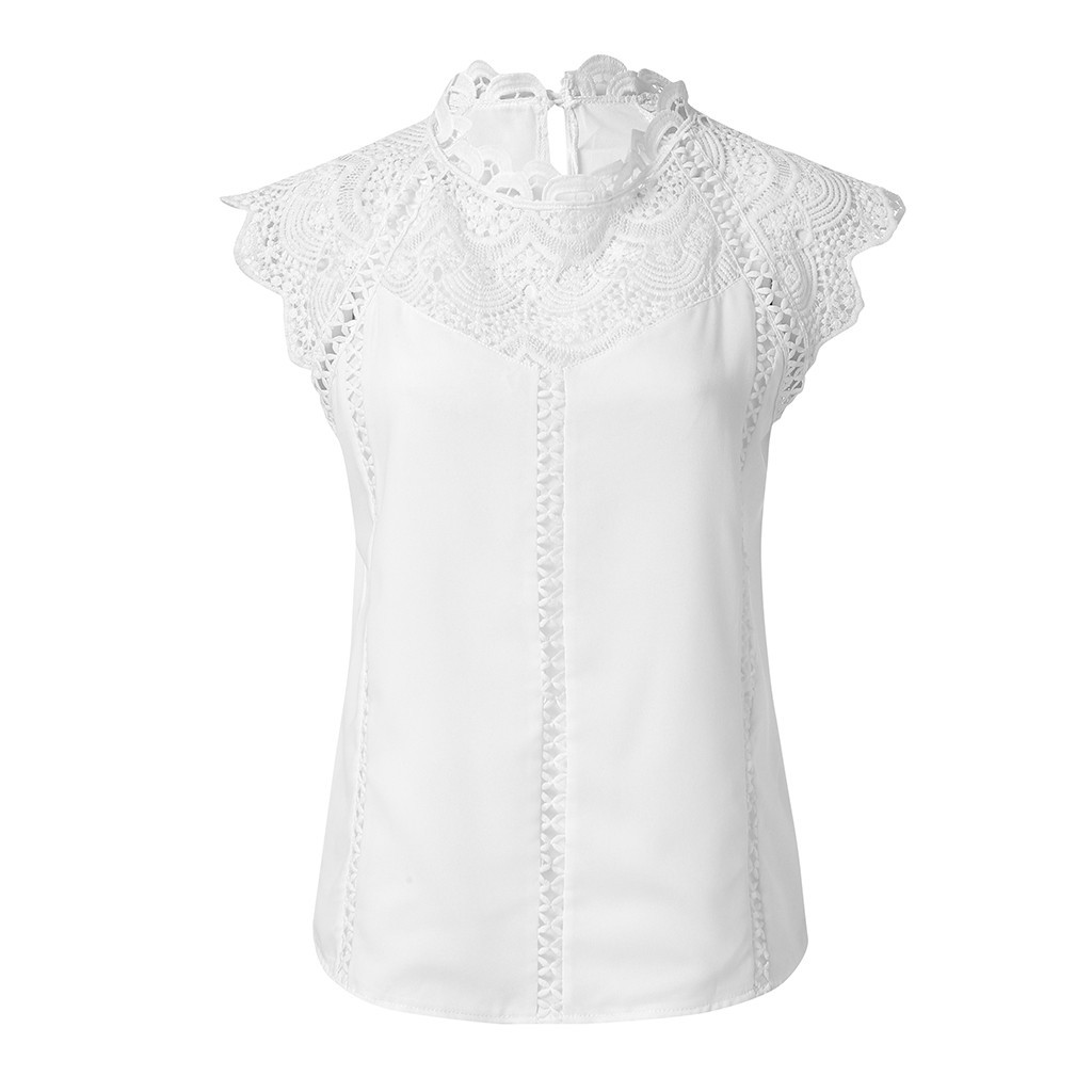 Women Tops Lace Sleeve Hollow Collar Shirts Sleeveless Blouse Tank Tops T-Shirt Slim Fit Shirts