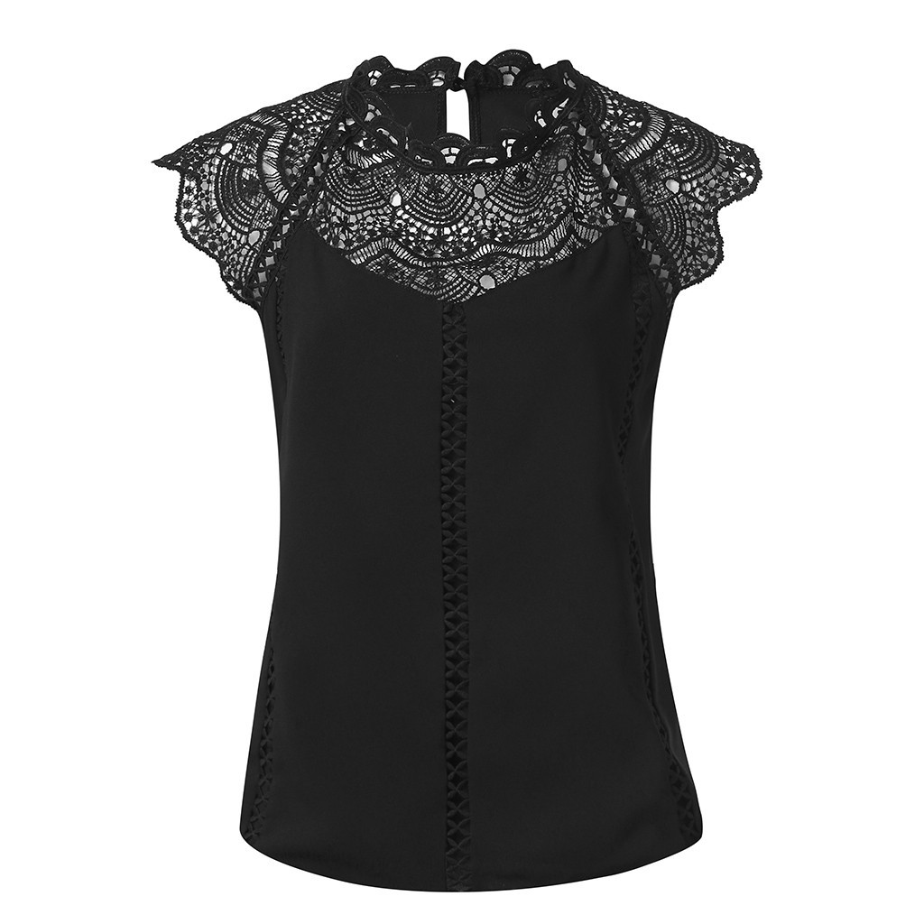 Women Tops Lace Sleeve Hollow Collar Shirts Sleeveless Blouse Tank Tops T-Shirt Slim Fit Shirts