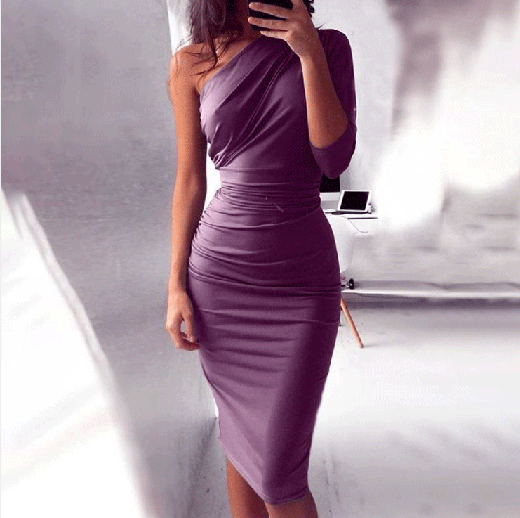 Women Elegant One Shoulder Bandage Bodycon Dress Tight Self-belted Midi Sheath Dress