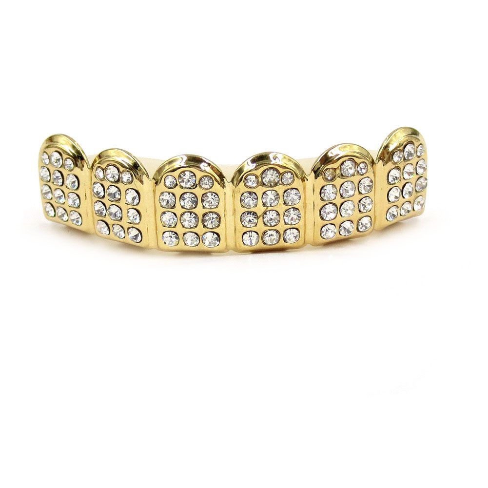 Hip Hop Golden Braces Men&apos;s Fashion Accessories Teeth Grillz Caps Top Bottom Grill Set Flat Teeth