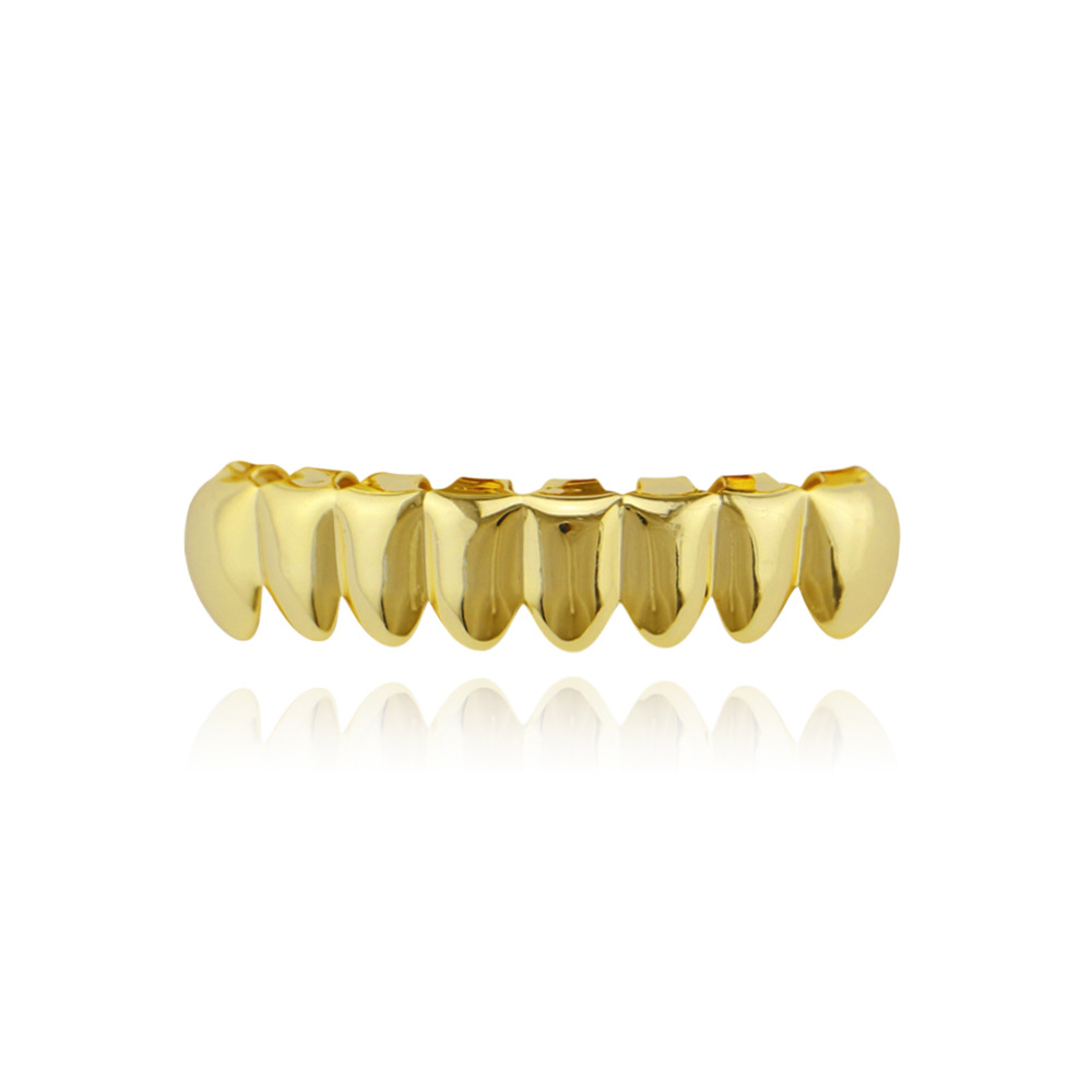 Hip Hop Golden Braces Men&apos;s Fashion Accessories Teeth Grillz Caps Top Bottom Grill Set Flat Teeth