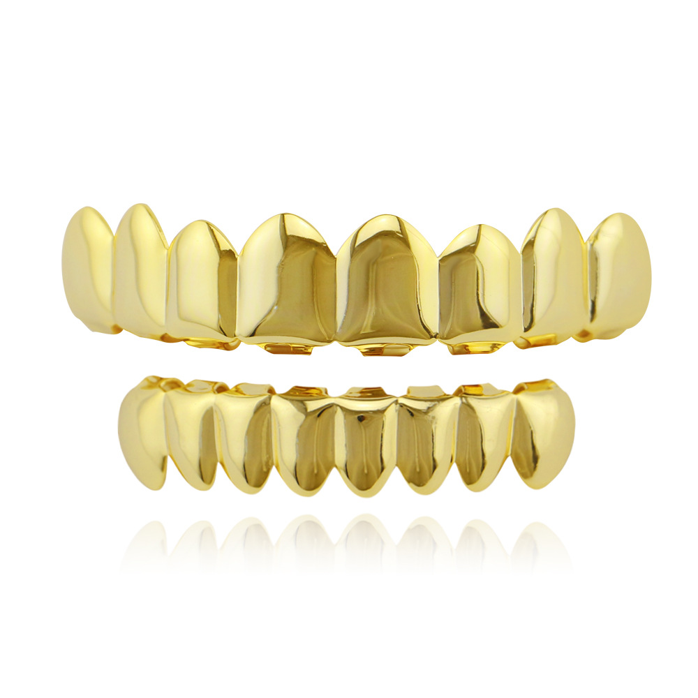 Hip Hop Golden Braces Men&apos;s Fashion Accessories Teeth Grillz Caps Top Bottom Grill Set Flat Teeth