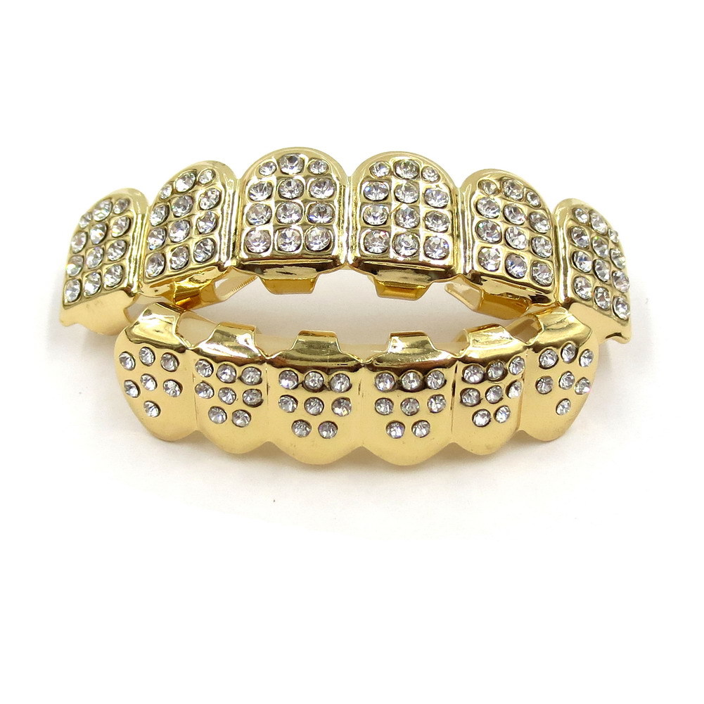 Hip Hop Golden Braces Men&apos;s Fashion Accessories Teeth Grillz Caps Top Bottom Grill Set Flat Teeth
