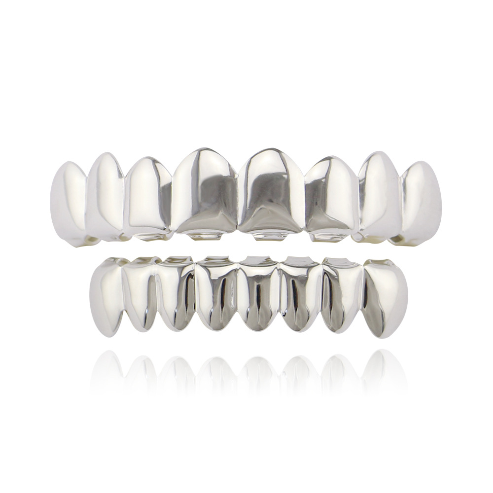 Hip Hop Golden Braces Men&apos;s Fashion Accessories Teeth Grillz Caps Top Bottom Grill Set Flat Teeth