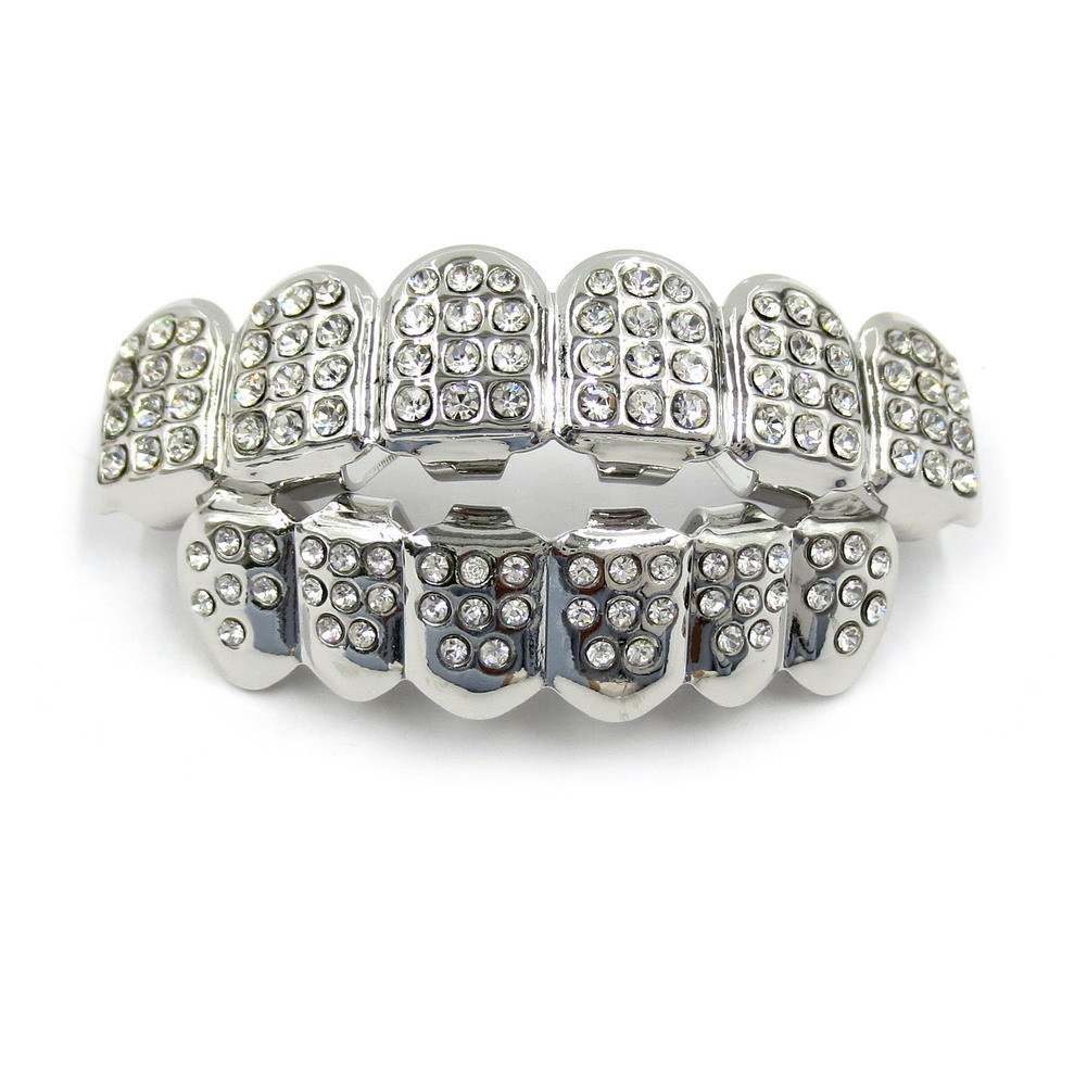 Hip Hop Golden Braces Men&apos;s Fashion Accessories Teeth Grillz Caps Top Bottom Grill Set Flat Teeth
