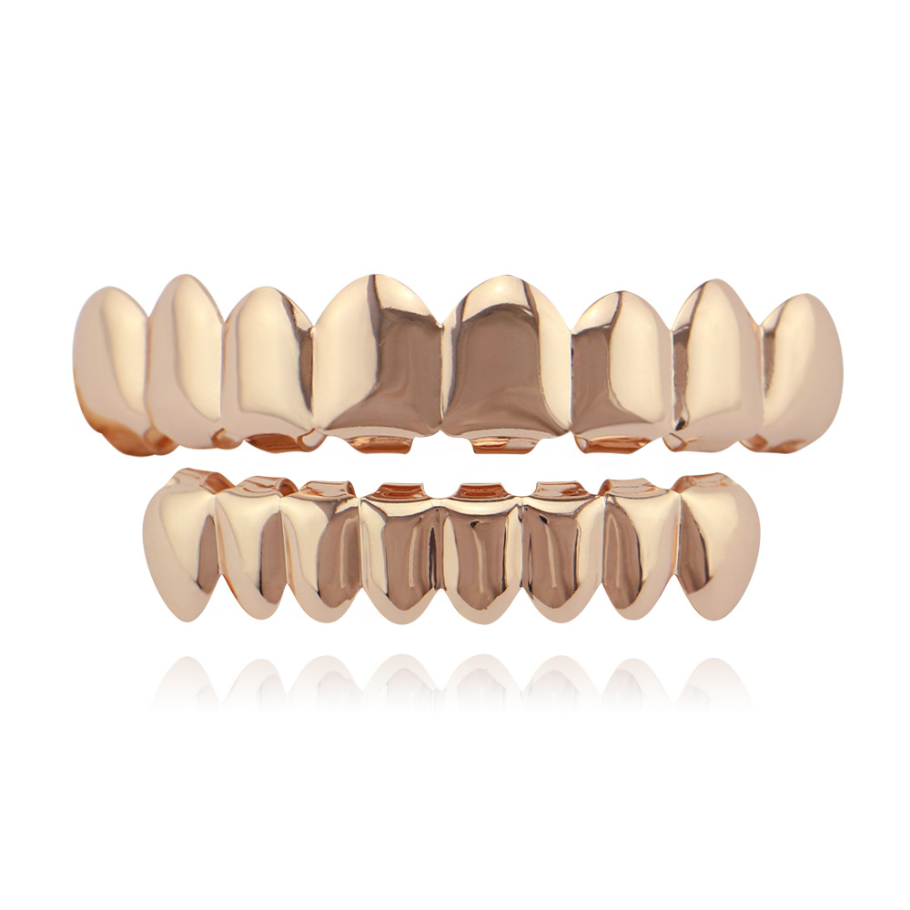 Hip Hop Golden Braces Men&apos;s Fashion Accessories Teeth Grillz Caps Top Bottom Grill Set Flat Teeth