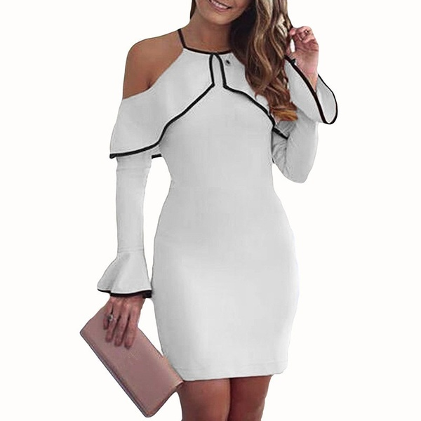 Ladies Flouncing Strapless Evening Dress Women Sling Long Sleeve Party Dress Pencil Dress