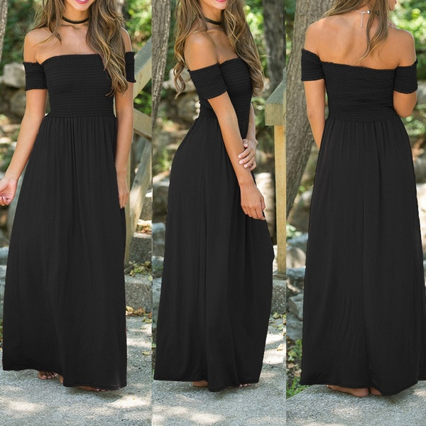 New Womens Off Shoulder Summer Beach Holiday Evening Party Long Maxi Pleated Dress Hot