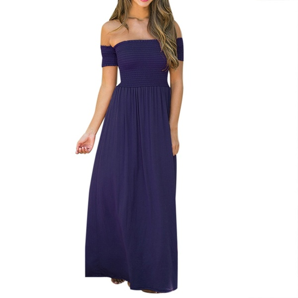 New Womens Off Shoulder Summer Beach Holiday Evening Party Long Maxi Pleated Dress Hot