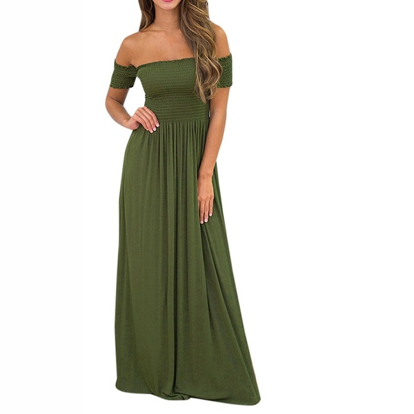 New Womens Off Shoulder Summer Beach Holiday Evening Party Long Maxi Pleated Dress Hot