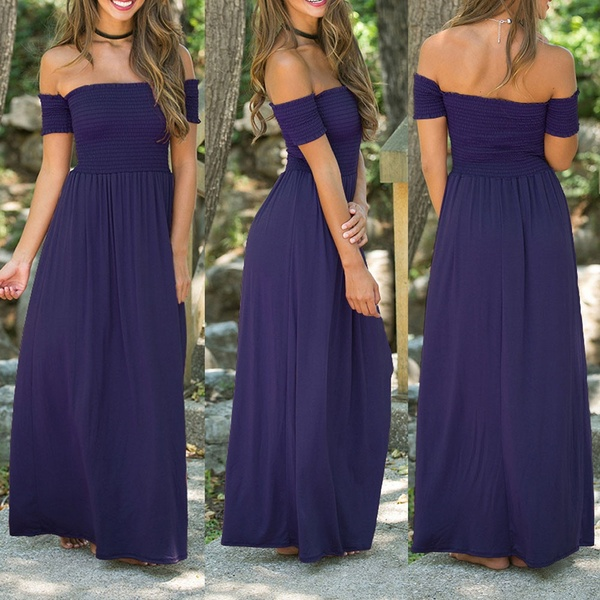 New Womens Off Shoulder Summer Beach Holiday Evening Party Long Maxi Pleated Dress Hot