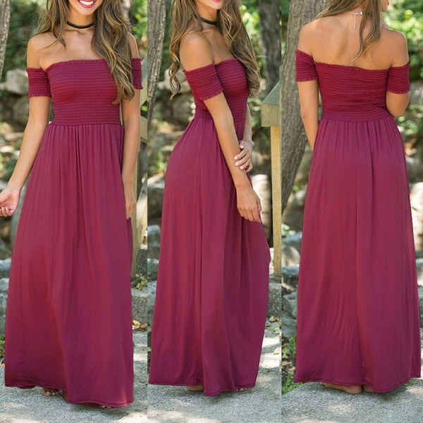 New Womens Off Shoulder Summer Beach Holiday Evening Party Long Maxi Pleated Dress Hot