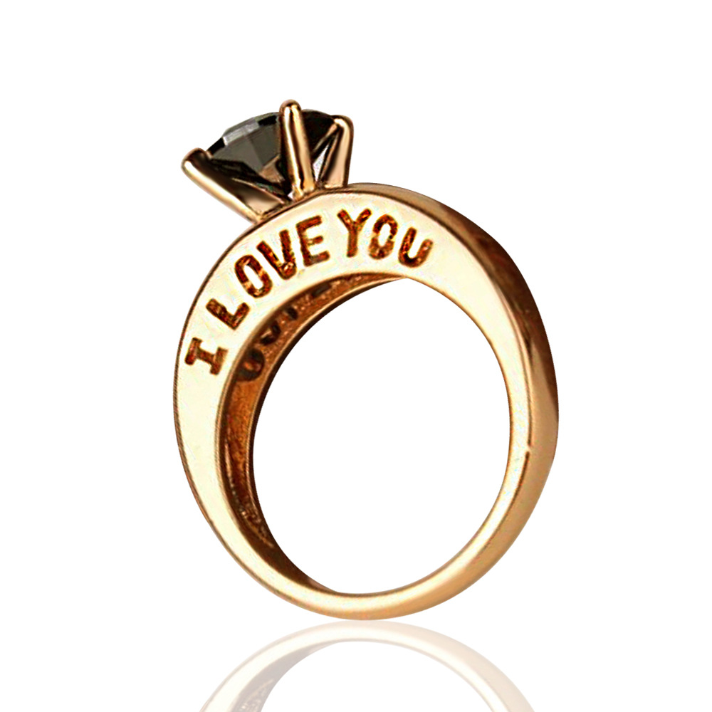 I Love You 18K Gold Plated Round Cut Black Quartz Rhinestone Couples Proposal Ring