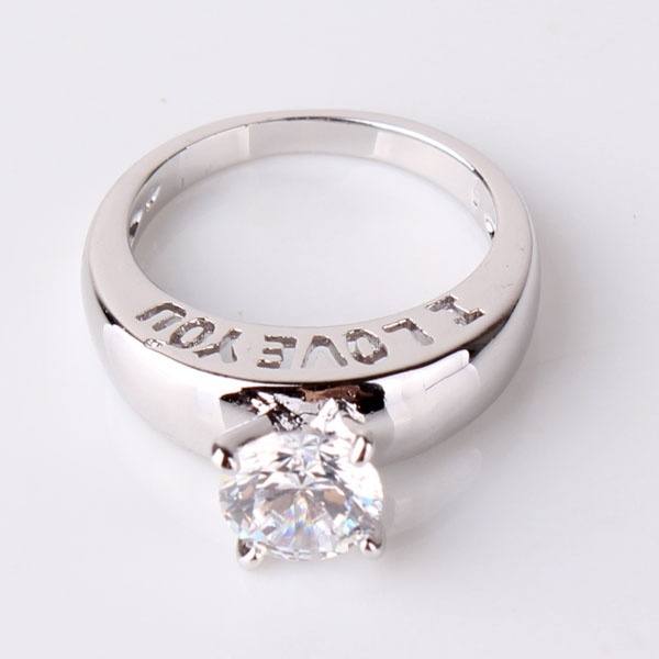 I Love You 18K Gold Plated Round Cut Black Quartz Rhinestone Couples Proposal Ring