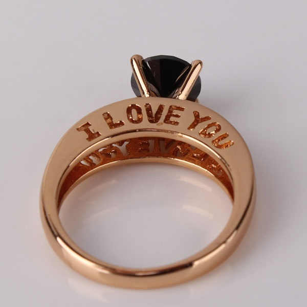 I Love You 18K Gold Plated Round Cut Black Quartz Rhinestone Couples Proposal Ring
