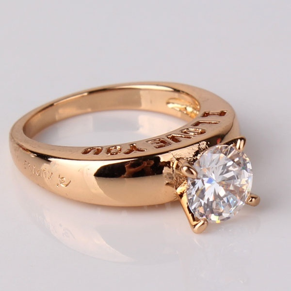 I Love You 18K Gold Plated Round Cut Black Quartz Rhinestone Couples Proposal Ring