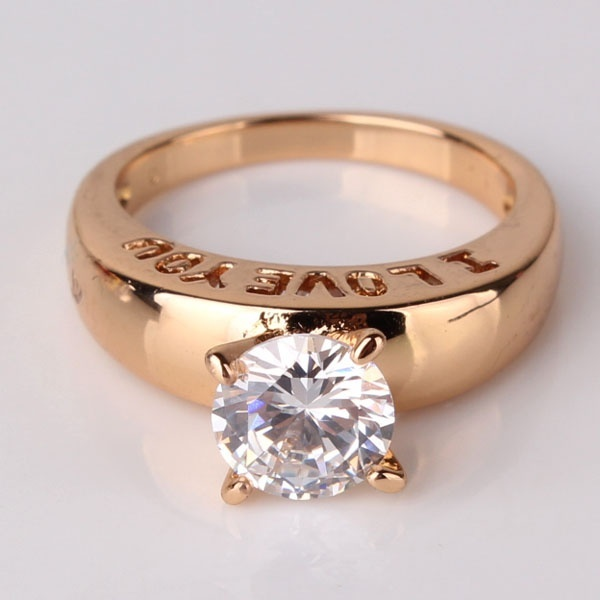 I Love You 18K Gold Plated Round Cut Black Quartz Rhinestone Couples Proposal Ring