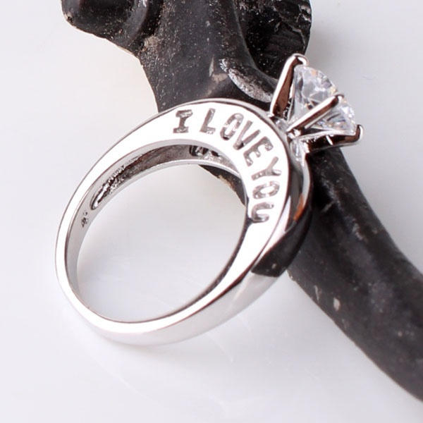 I Love You 18K Gold Plated Round Cut Black Quartz Rhinestone Couples Proposal Ring