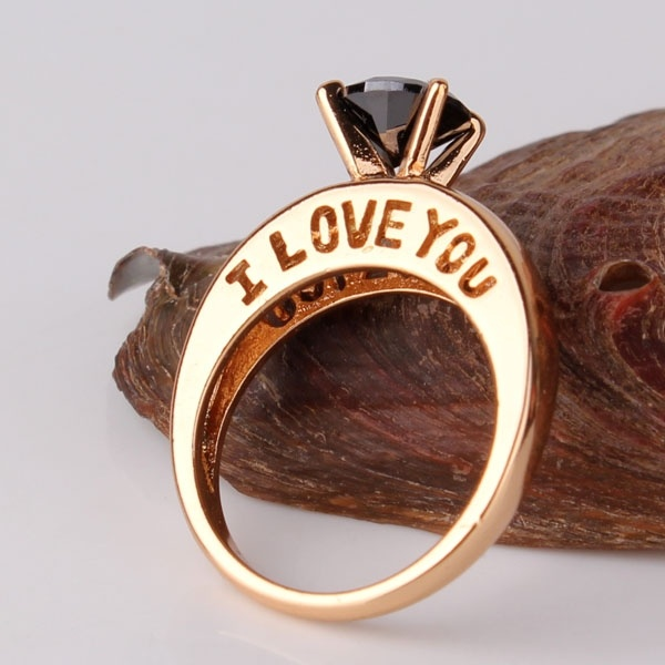 I Love You 18K Gold Plated Round Cut Black Quartz Rhinestone Couples Proposal Ring