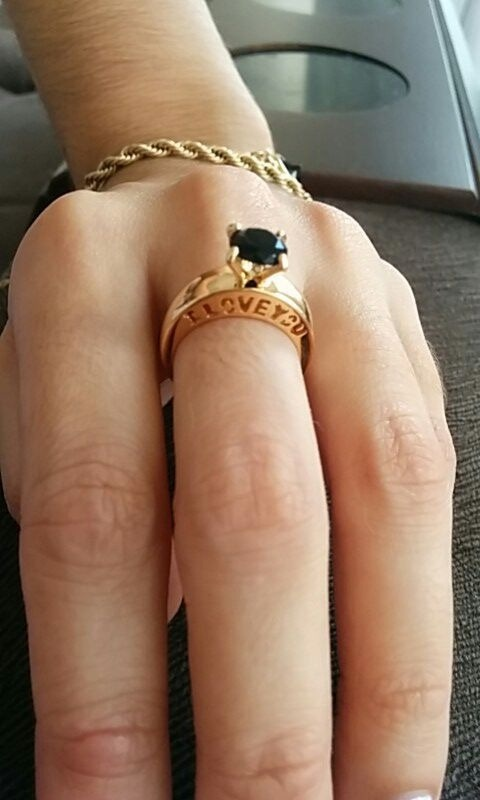 I Love You 18K Gold Plated Round Cut Black Quartz Rhinestone Couples Proposal Ring