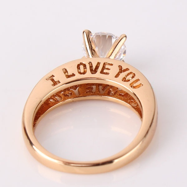 I Love You 18K Gold Plated Round Cut Black Quartz Rhinestone Couples Proposal Ring