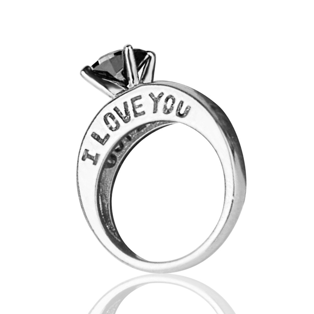 I Love You 18K Gold Plated Round Cut Black Quartz Rhinestone Couples Proposal Ring