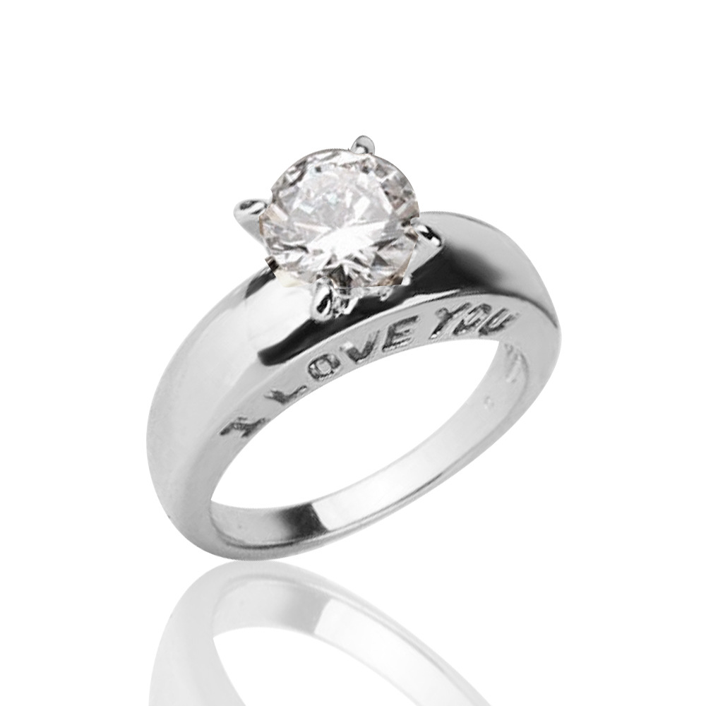 I Love You 18K Gold Plated Round Cut Black Quartz Rhinestone Couples Proposal Ring