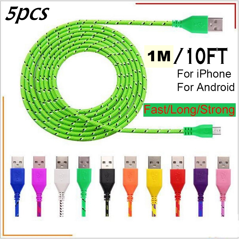 5pcs 1M Length Colorful Nylon Braided Micro USB Charger Cable for iPhone / Samsung Galaxy S7 edge