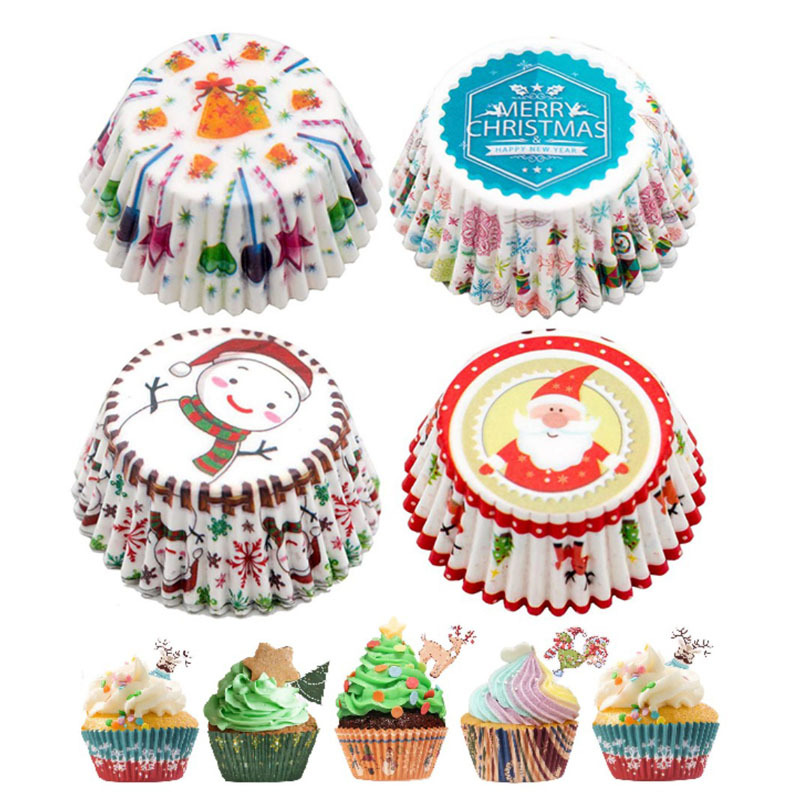 100Pcs Toppers Wrappers Christmas Cupcake Wrapper Kids Birthdat Party Cupcake Decor Festive Party