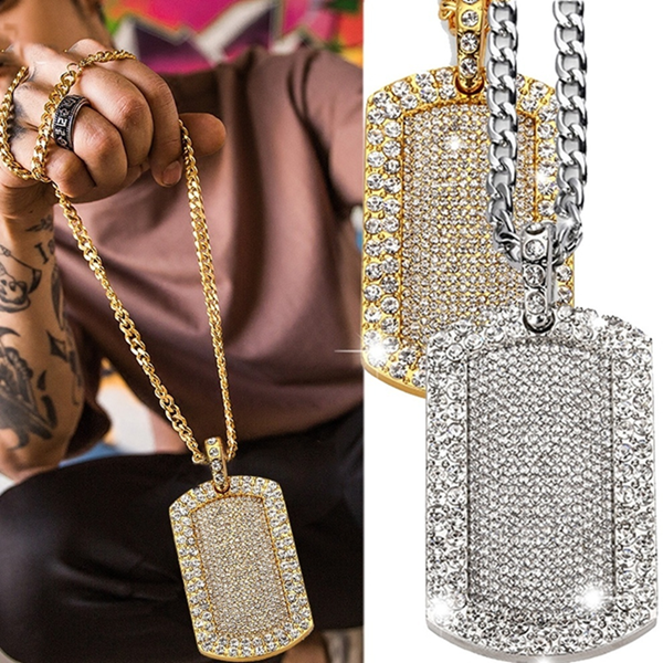 Men's Pendant Filled Iced Out Rhinestone Charm Square Necklace with Cuban Chain Hip Hop Jewelry