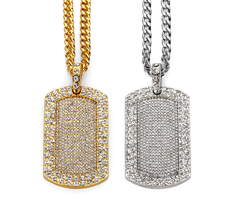 Men's Pendant Filled Iced Out Rhinestone Charm Square Necklace with Cuban Chain Hip Hop Jewelry