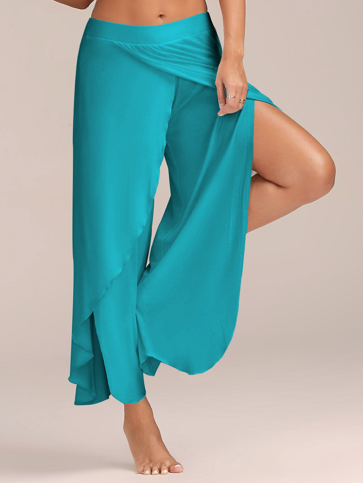 Women Fashion Casual High Slit Flowy Layered Palazzo Pants Loose Wide Leg Pants