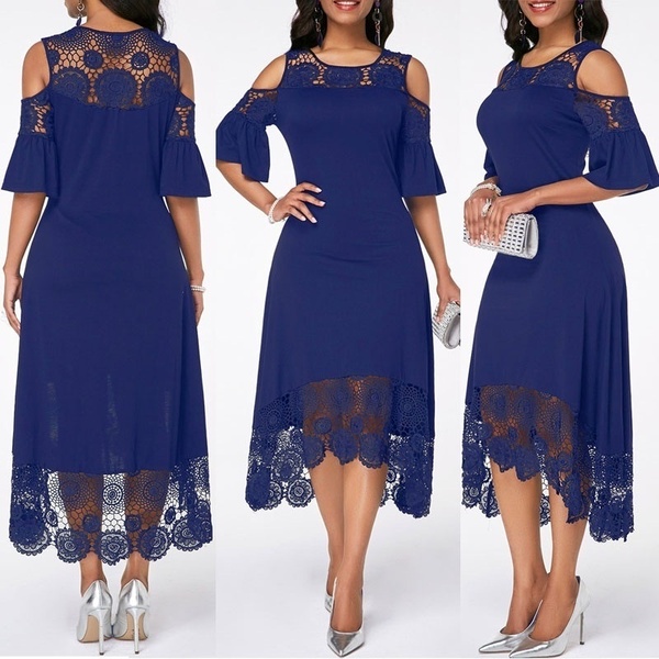 Plus Size 5XL Women Elegant Lace Hollow Out Sleeve Off Shoulder Dress Knee Length Evening Dress