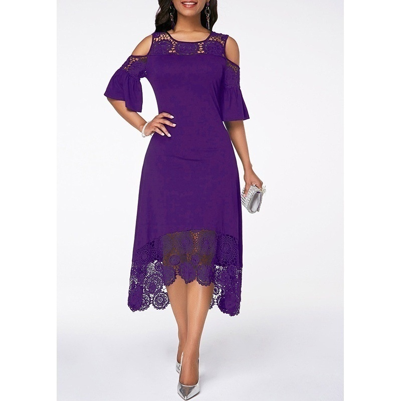 Plus Size 5XL Women Elegant Lace Hollow Out Sleeve Off Shoulder Dress Knee Length Evening Dress