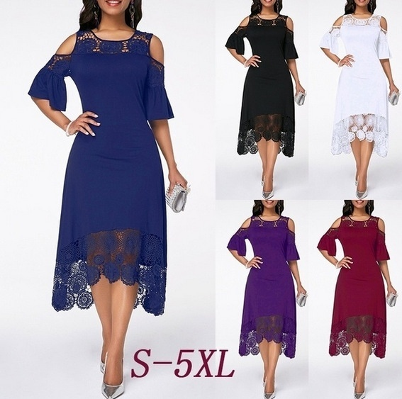 Plus Size 5XL Women Elegant Lace Hollow Out Sleeve Off Shoulder Dress Knee Length Evening Dress