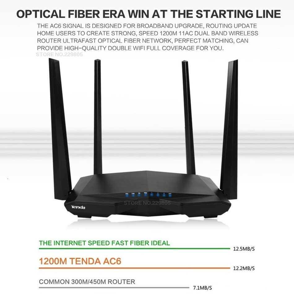 Tenda AC6 2.4G/5.0GHz Smart Dual Band AC1200Mbps Wireless WiFi Router Wi-Fi Repeater Remote Manage