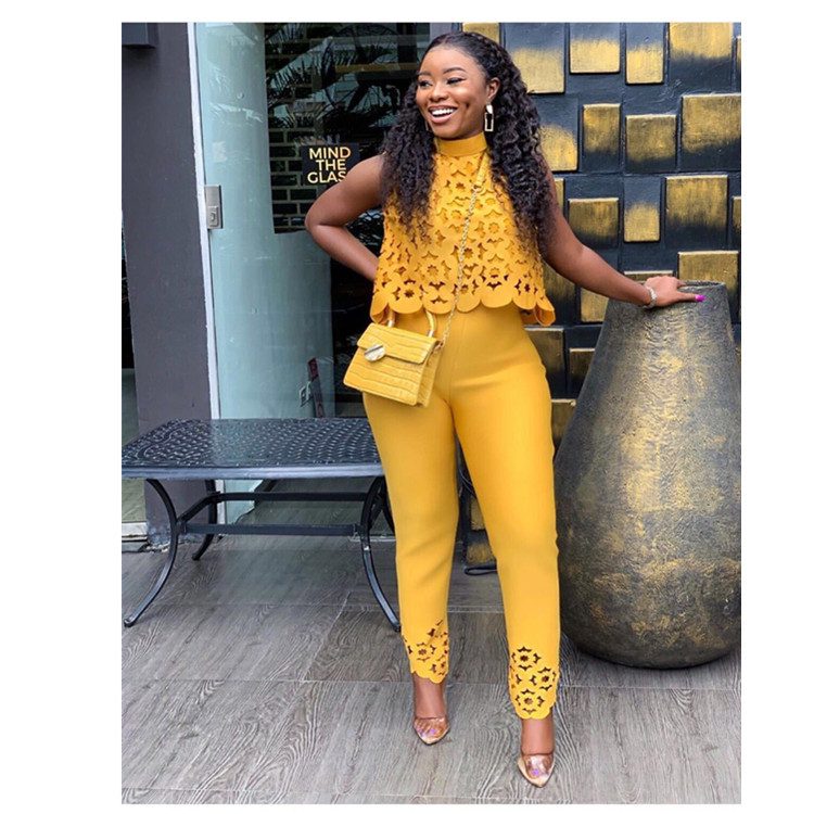 Fashion Women Hollow Out Burnt Solid Color Sleeveless Top Trousers Casual Suit