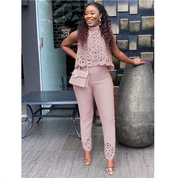 Fashion Women Hollow Out Burnt Solid Color Sleeveless Top Trousers Casual Suit