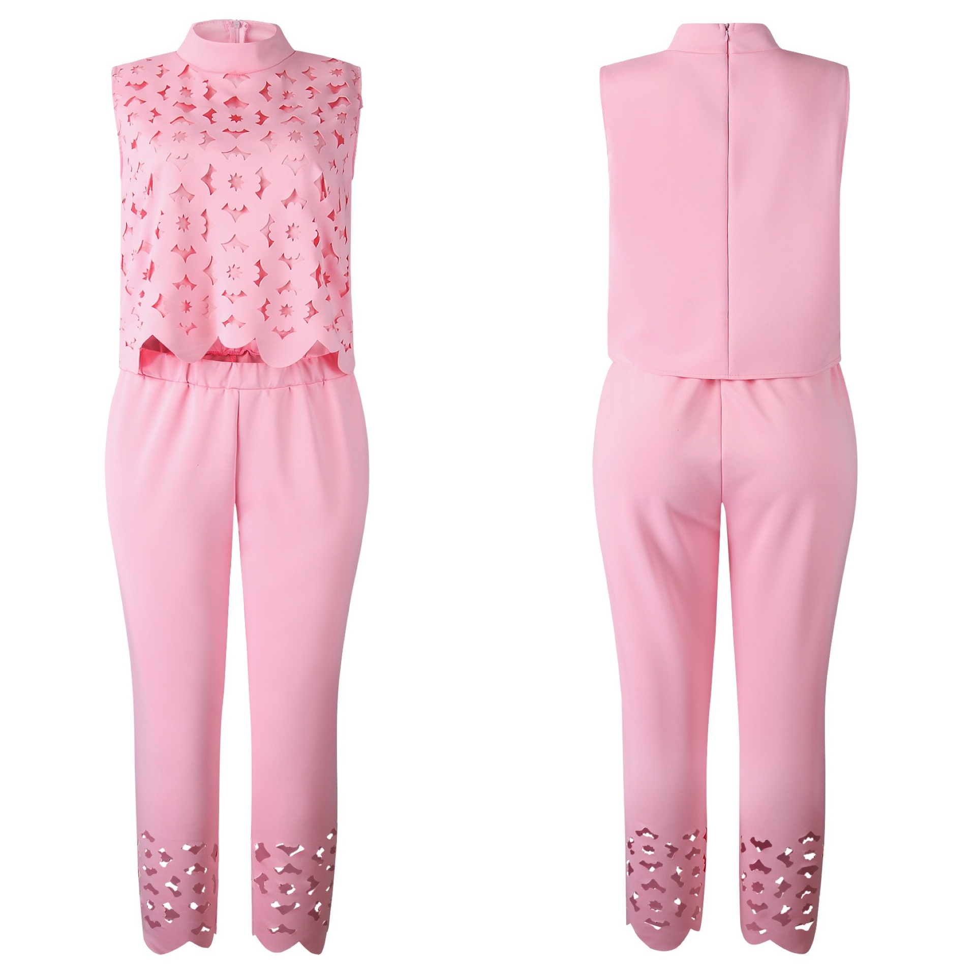 Fashion Women Hollow Out Burnt Solid Color Sleeveless Top Trousers Casual Suit