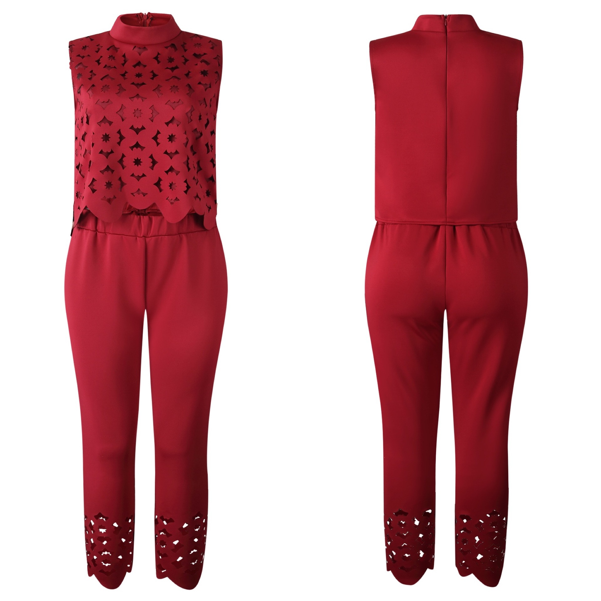 Fashion Women Hollow Out Burnt Solid Color Sleeveless Top Trousers Casual Suit