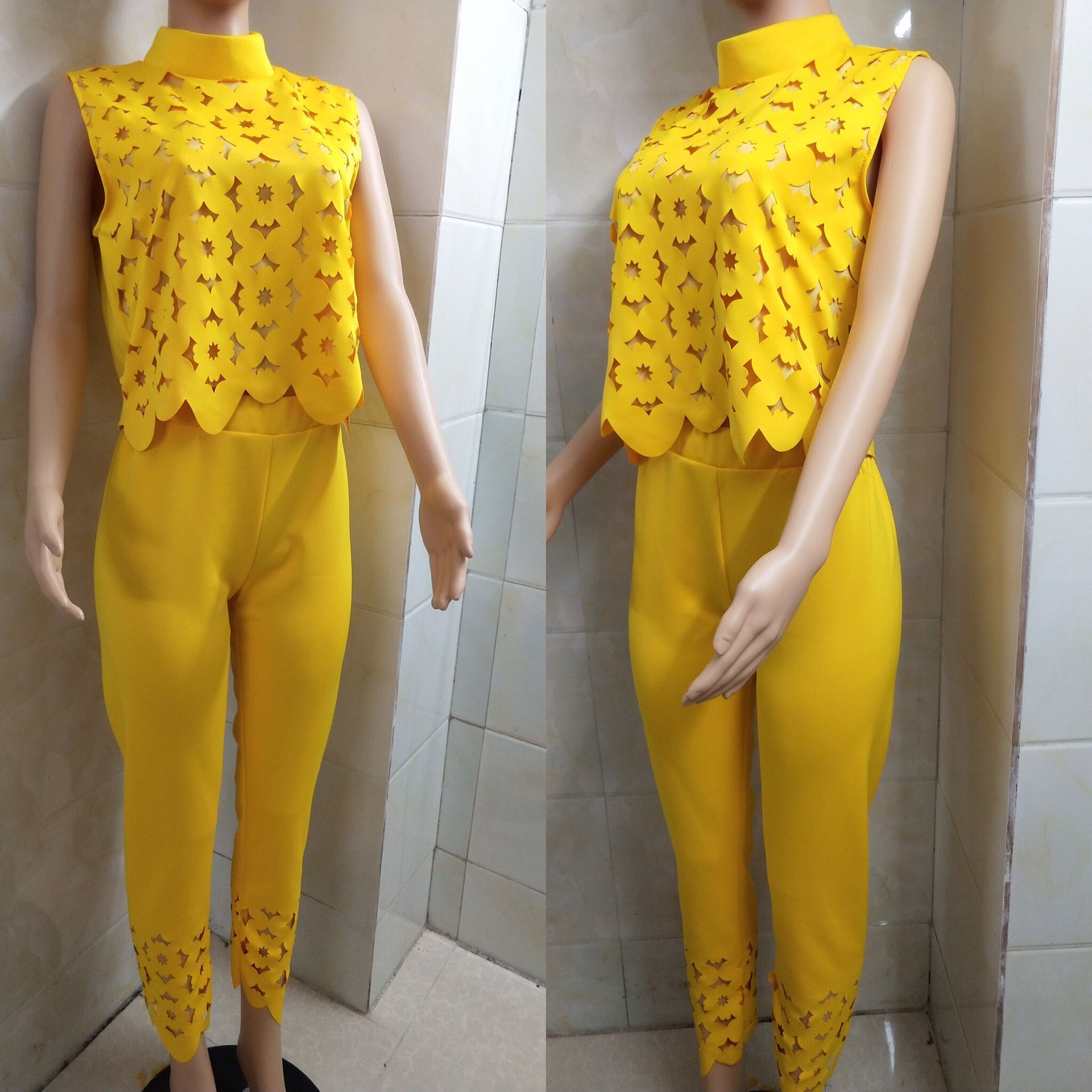 Fashion Women Hollow Out Burnt Solid Color Sleeveless Top Trousers Casual Suit