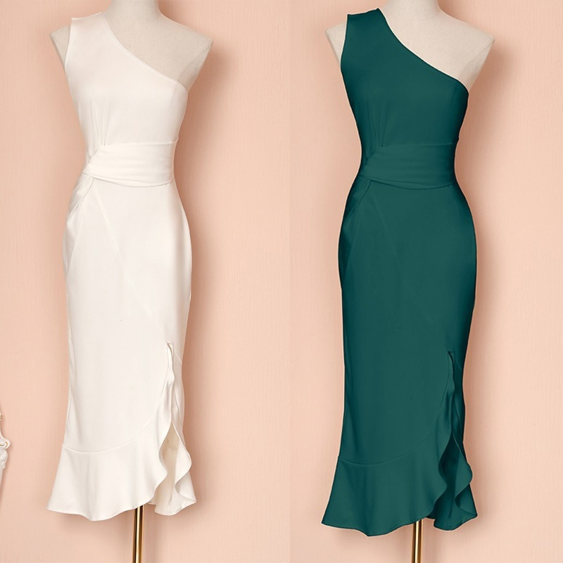 Women Fashion One Shoulder Scrunch Irregular Ruffles Hem Dress