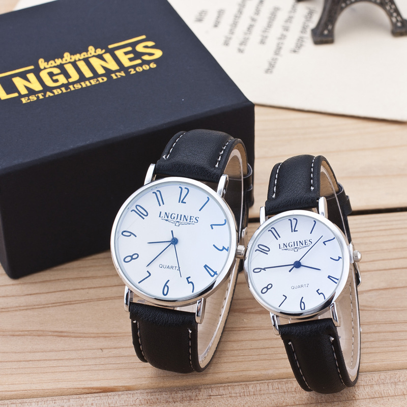 2pcs Fashion Couple High Gloss Glass Leather Belt Watch Set Contains Box